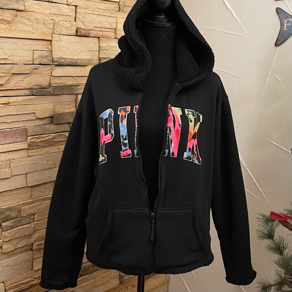 Victoria's Secret PINK Reversible Sherpa Full Zip Hoodie Jacket  Excellent Cond.